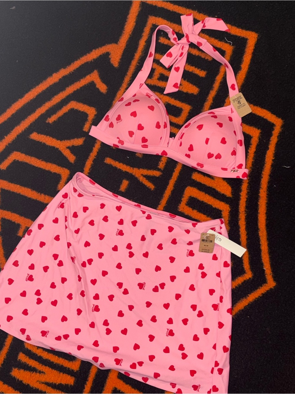 Victoria's Secret Pink & Red Heart Halter Bikini Top with Matching Skirt